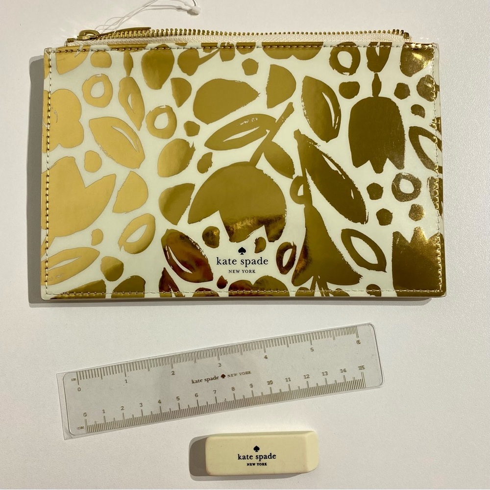 Kate Spade NWOT Golden Floral Pencil Pouch Case Eraser/ruler